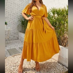 Plus size butterfly sleeve ruffle hem belted maxi dress